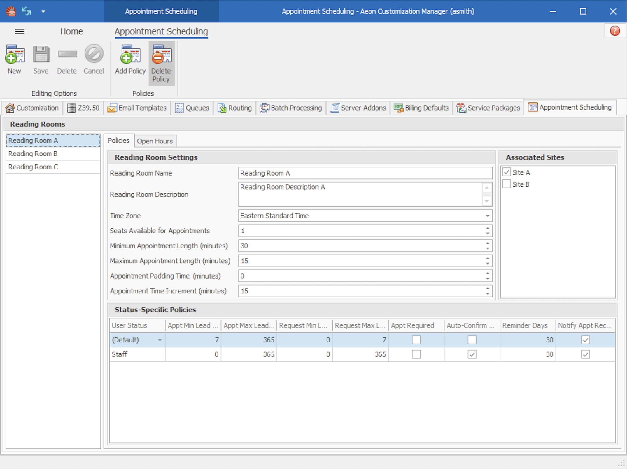 Aeon Customization Manager Appointment Scheduling tab